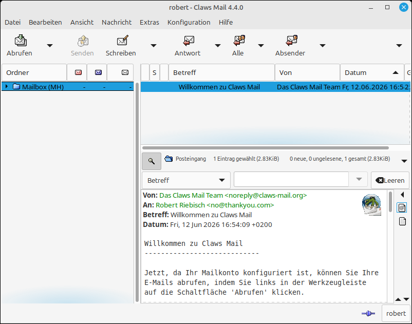 Screenshot: Posteingang von Claws Mail v4.4.0 mit Willkommen-Mail